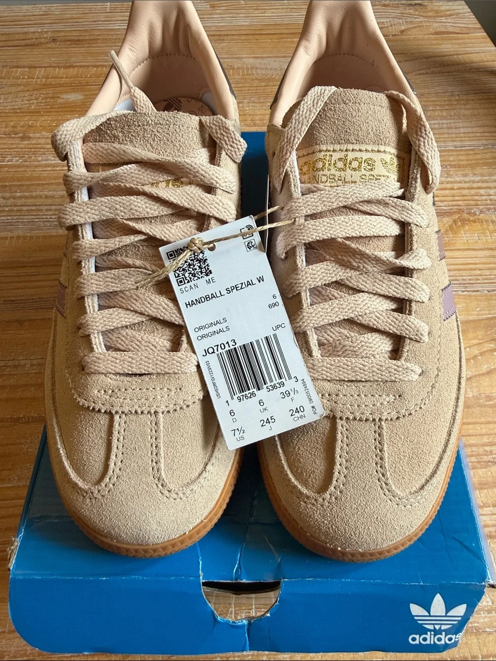 adidas Handball Spezial Suede Sneaker in Beige with Pink & Gray Stripes